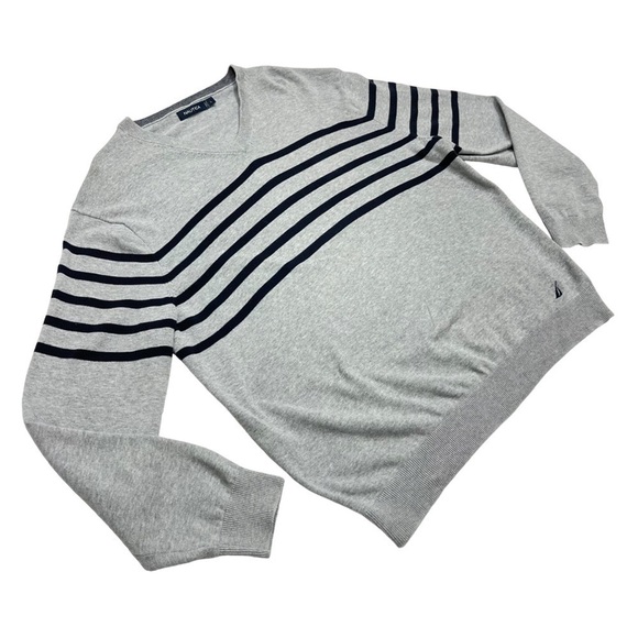 Nautica striped knited Sweater v neck grey blue size L sailor sail long sleeves - Picture 2 of 10